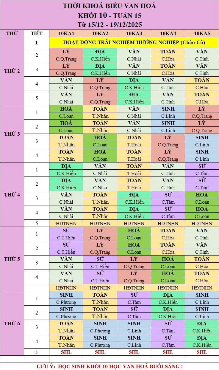 Thời khóa biểu văn hóa lớp 12